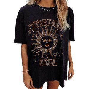 Black Boho Sun Soul Moon Graphic Print Oversized T-Shirt Tees Casual Tunic Top